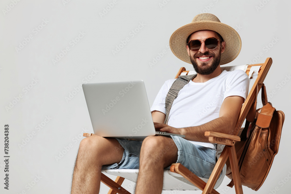 Joyful emotional Latin man in summer hat sunglasses with laptop and holiday travel bag sit on beach chair by blank copy space wall.