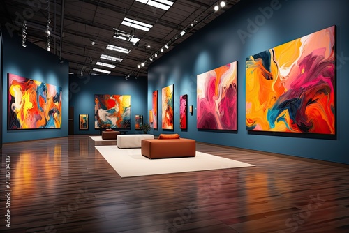 Modern blank wall interior design featuring a vibrant gallery of abstract paintings