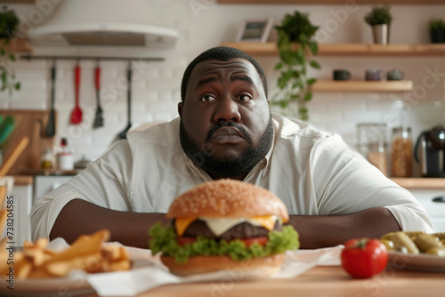 Plus size African American man looking at big burger lying in front of him.
