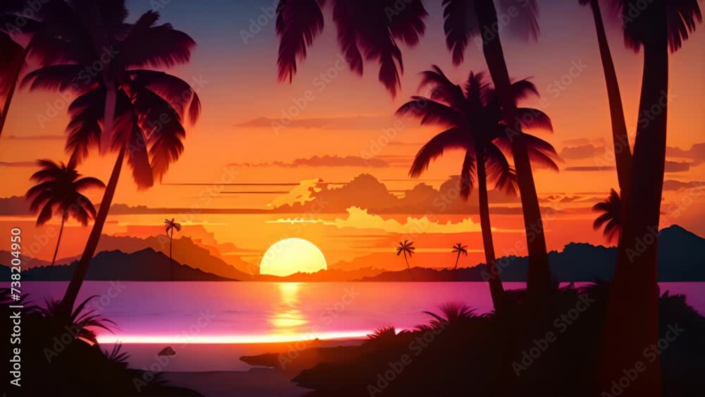 The beach has coconut trees during sunset.