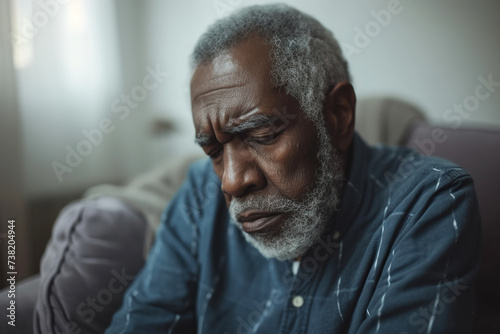 Depression, sad and senior African American man at home with mourning and memory with mental health problem.