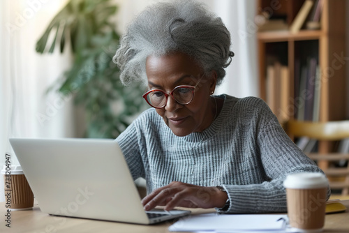 Senior African American woman in glasses looking at laptop computer screen. Portrait of elderly woman wearing gray knitted pullover browsing internet while sitting at table at home © AI_images