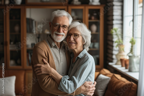 Close up portrait of aged senior couple holding hands and smiling standing at home. Happy affectionate mature pair hugging enjoying being together. Romantic and relationship in retirement concept.