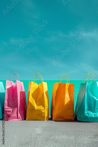 colorful paper bags in a row against a turquoise wall