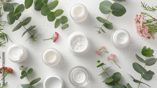 composition with cosmetic cream, eucalyptus, eucalyptus leaves and flowers on light background, flat lay