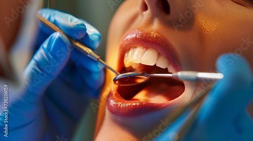 African American dentist examining teeth of her female patient during appointment at dental clinic. Focus is on young woman