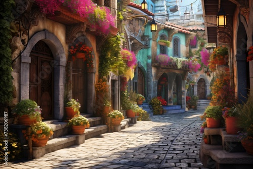 A beautiful street with trees, plants, and greenery