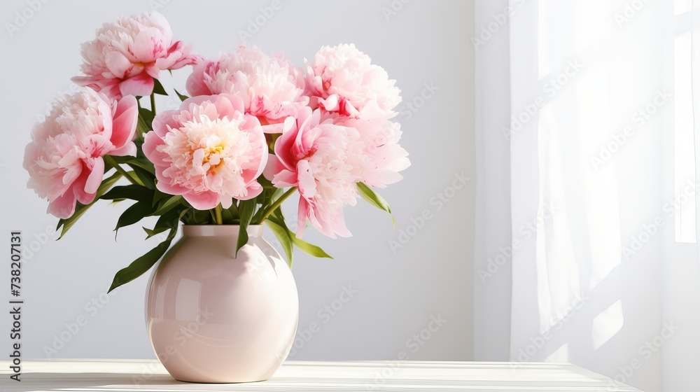 Beautiful bouquet of pink peonies in vase on table against white background. Space for text
