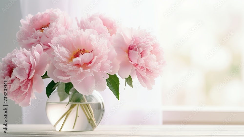 Beautiful bouquet of pink peonies in vase on table against white background. Space for text Beautiful bouquet of pink peonies in vase on table against white background. Space for text