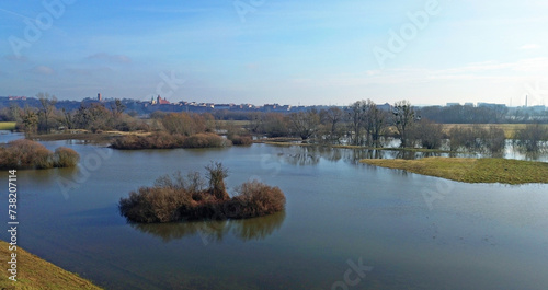 The landscape of the Vistula River after pouring into the flood embankments