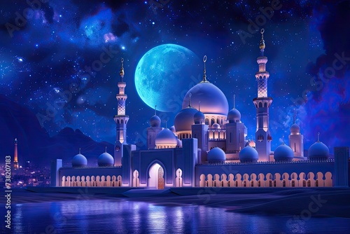 Illustration of the full moon behind a luxurious mosque at night