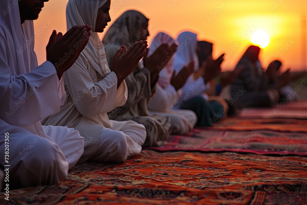 Muslim women worshipers pray after performing congregational prayers under the sunset sky Muslim women worshipers pray after performing congregational prayers under the sunset sky