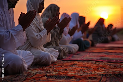 Muslim women worshipers pray after performing congregational prayers under the sunset sky