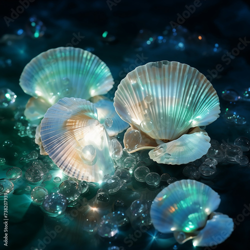 Floating seashells on dark background, Serenity elegant mode, Luminescence, pearlescent sheen of the shells and the lustrous glow of water 