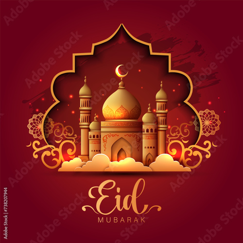 Eid Mubarak art greetings with golden mosque and dark background. abstract vector illustration design.