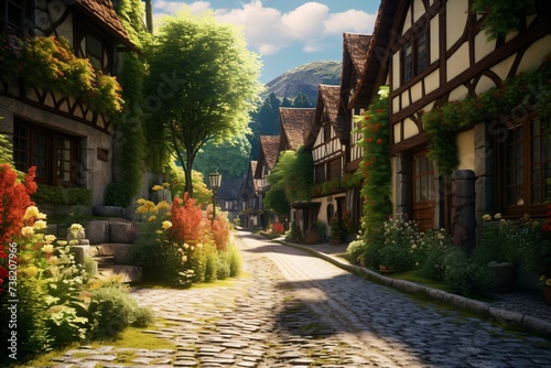 A beautiful street with houses decorated with trees, flowers in the spring weather