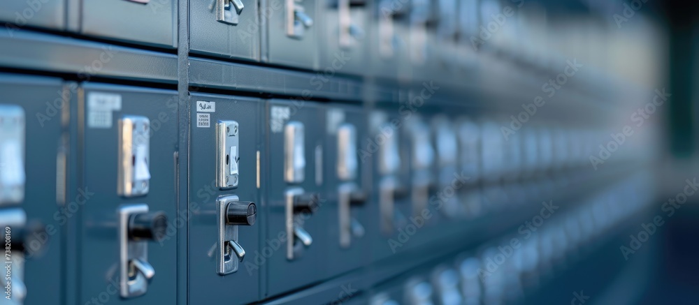 Secure storage units for personal belongings with numbered metal locks in public areas, such as shopping malls. Secure storage units for personal belongings with numbered metal locks in public areas, such as shopping malls.
