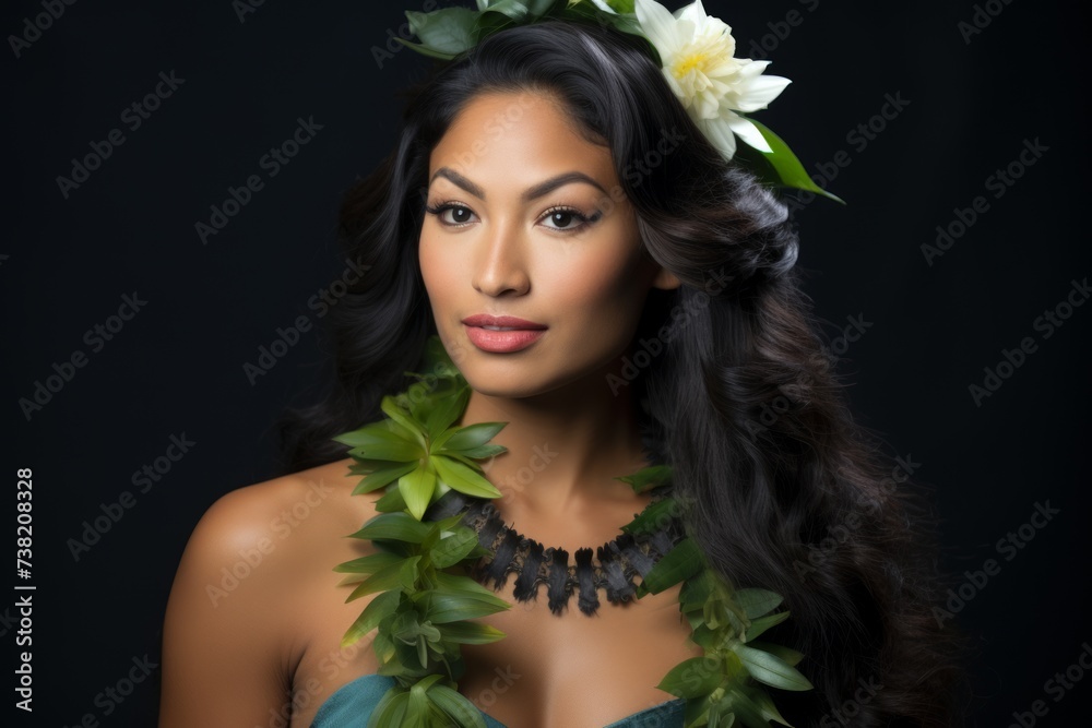 portrait of a beautiful young woman wearing a hawaiian flower headdress and necklace