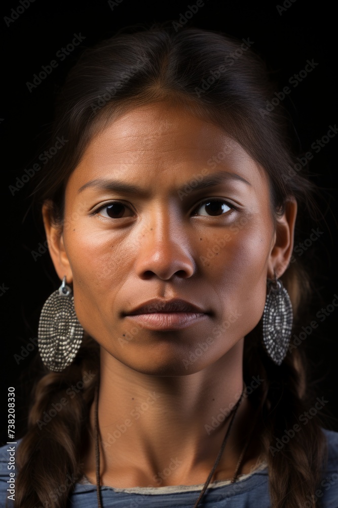 Portrait of a young woman with long dark hair and brown eyes wearing a blue shirt and silver earrings Portrait of a young woman with long dark hair and brown eyes wearing a blue shirt and silver earrings