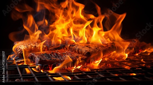 Sizzling and juicy grilled meat on a flaming hot grill