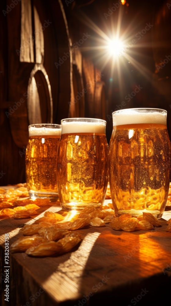 Three glasses of beer on a wooden table in a dark room Three glasses of beer on a wooden table in a dark room