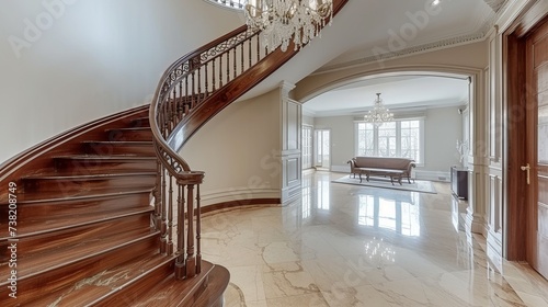 Wooden staircase with marble floor and crystal chandelier