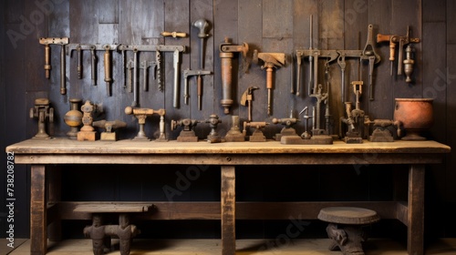 Blacksmith tools displayed on a wooden wall and table