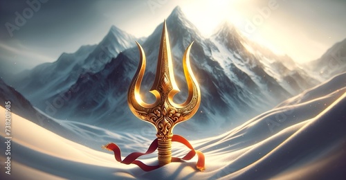 Golden trident symbol of god shiva against a of snowy mountains. photo