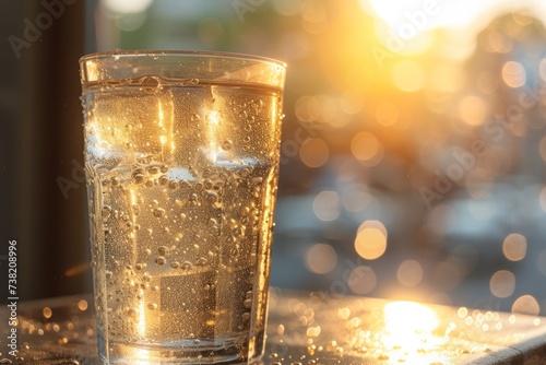 Close-up of a glass of sparkling water with blurred background