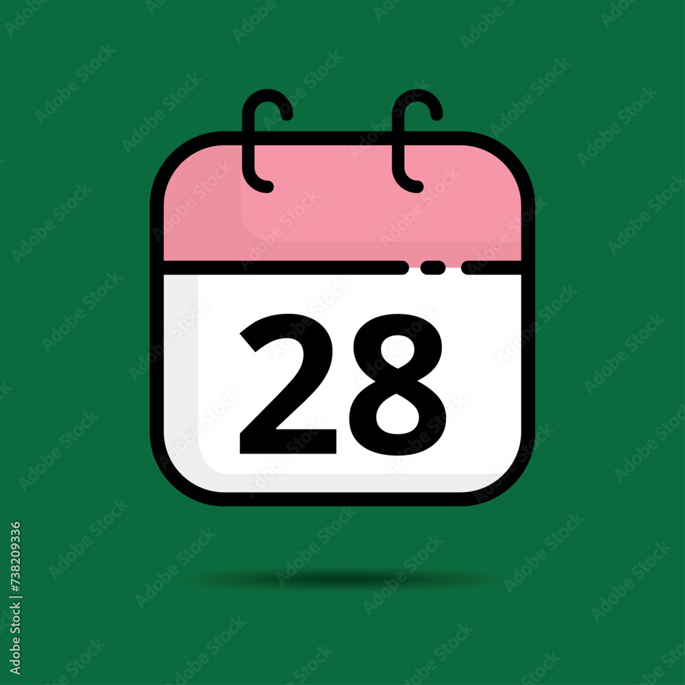 Pink calendar icon isolated on green background, vector illustration of calendar with specific day marked, day 28. Pink calendar icon isolated on green background, vector illustration of calendar with specific day marked, day 28.