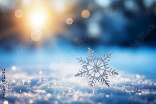 closeup snowflake on blurred snow bokeh background © kenkuza