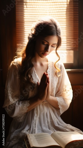 Praying woman in white dress near window