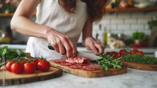 Caucasian woman slicing salami and cherry tomatoes