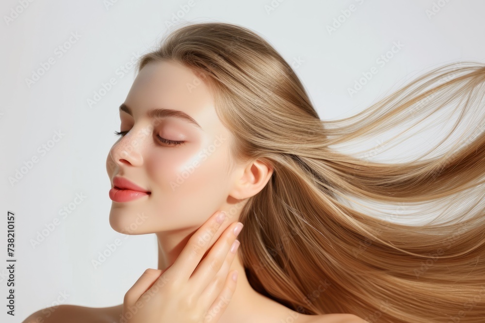 Young beautiful blonde woman with perfect healthy skin and long flying hair