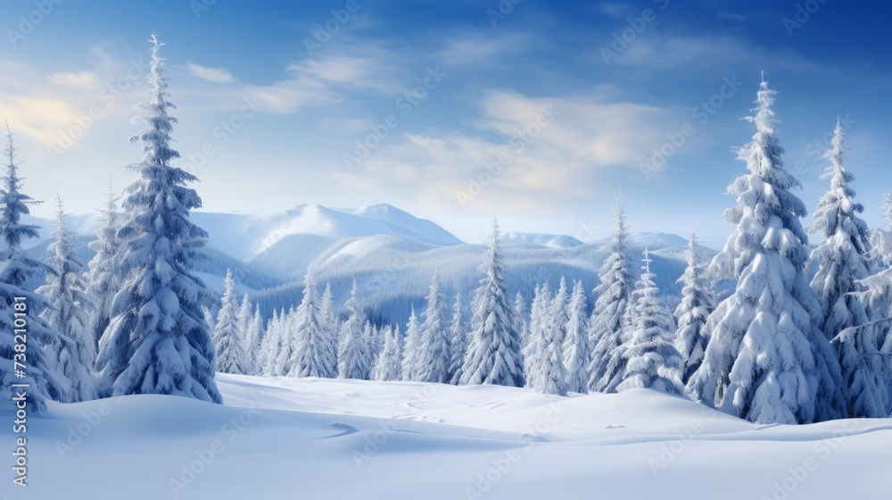 A winter wonderland of snow covered pine trees and mountains