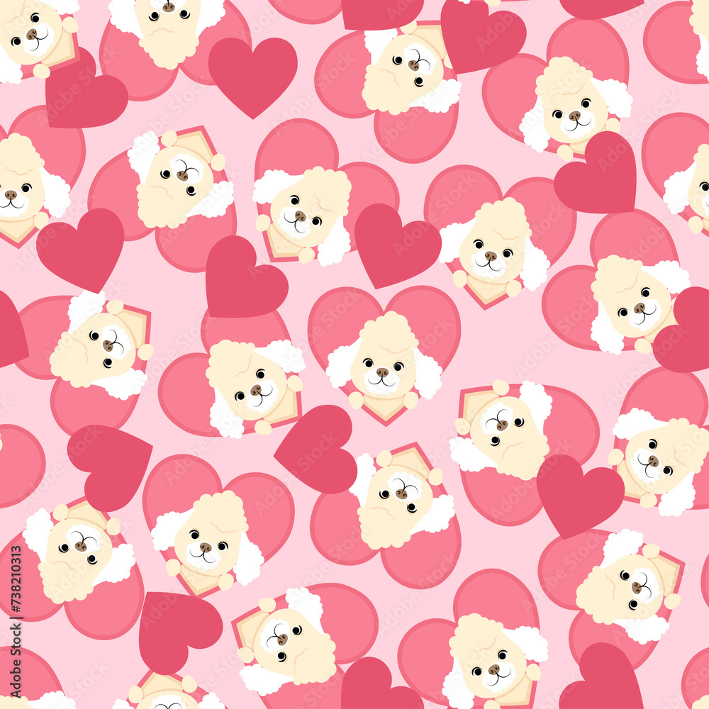 Cute pink seamless pattern of white poodles in love and hearts Cute pink seamless pattern of white poodles in love and hearts