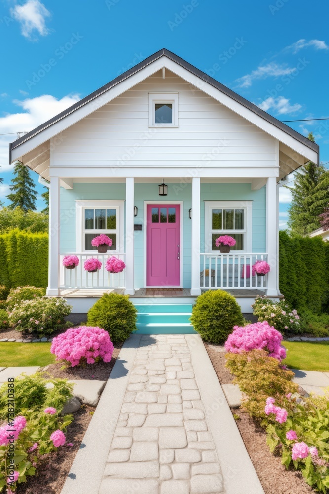 A beautiful small cottage house with a pink door and blue walls