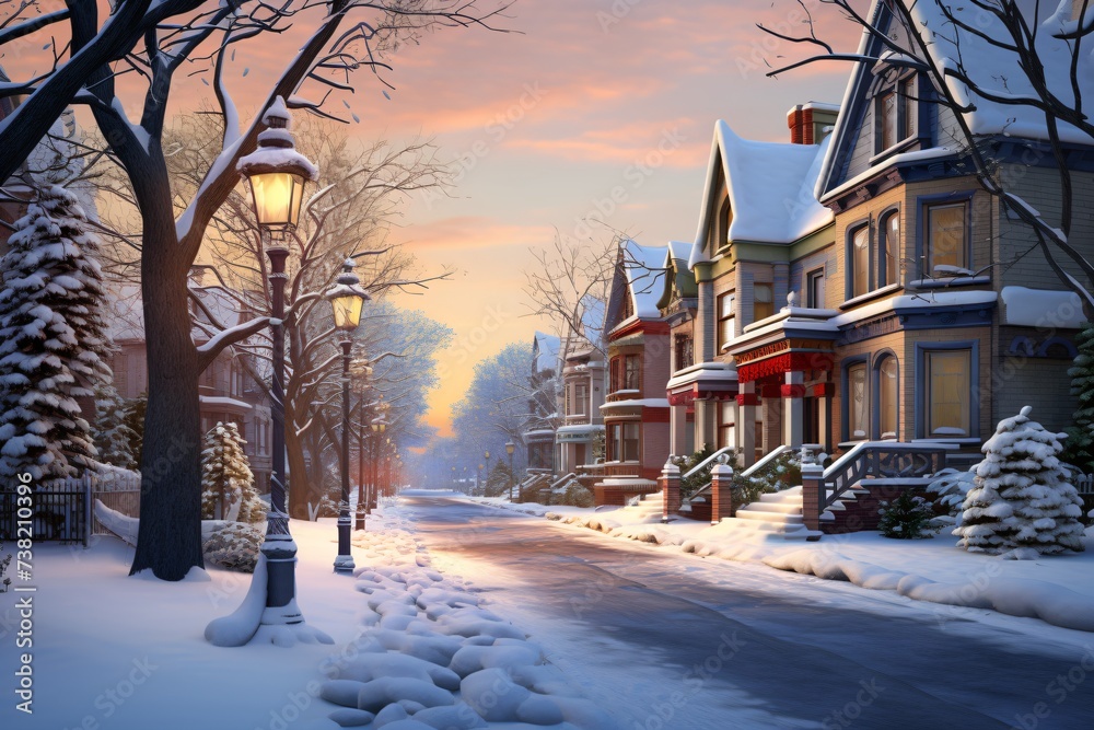 A snow covered street with houses, and christmas vibes