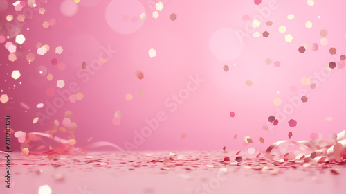 Confetti sparkles on a pink background, the theme of a holiday and a Birthday, space for text