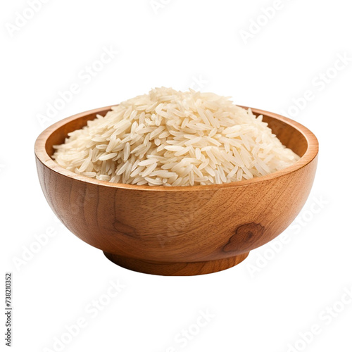 Rice in wooden bowl isolated on transparent background. Top view.