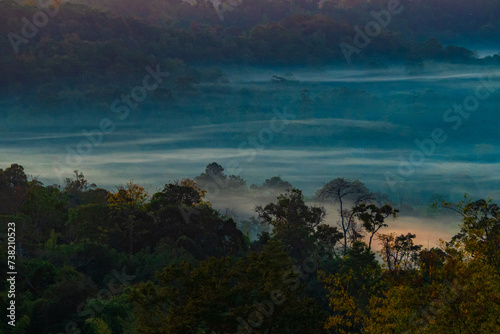 The stunning view from a tourist s standpoint as they go down a hill on a foggy trail with a hill and a background of a golden sky in Forest Park  Thailand. Rainforest. Bird s eye view. Aerial view.