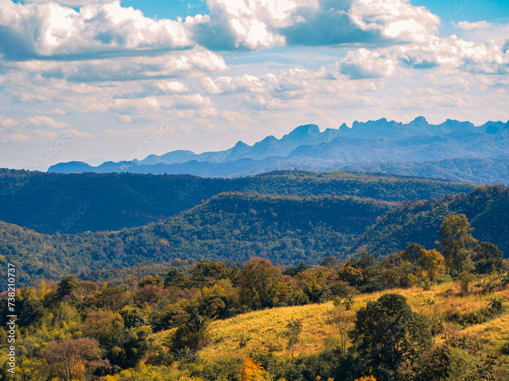 Fototapeta premium The stunning view in Forest Park from a tourist's standpoint as they go down a hill with background of blue sky, Rainforest, Thailand. Bird's eye view. Aerial view. 