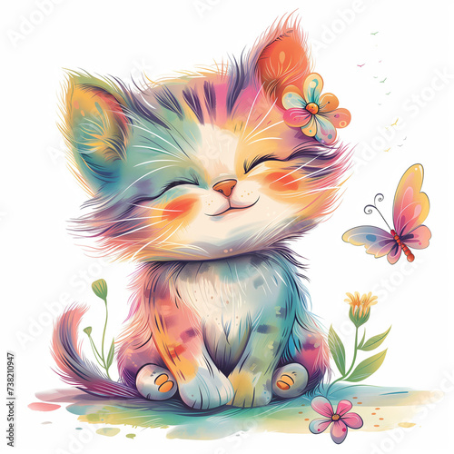 Cute colorful watercolor cat among beautiful flowers