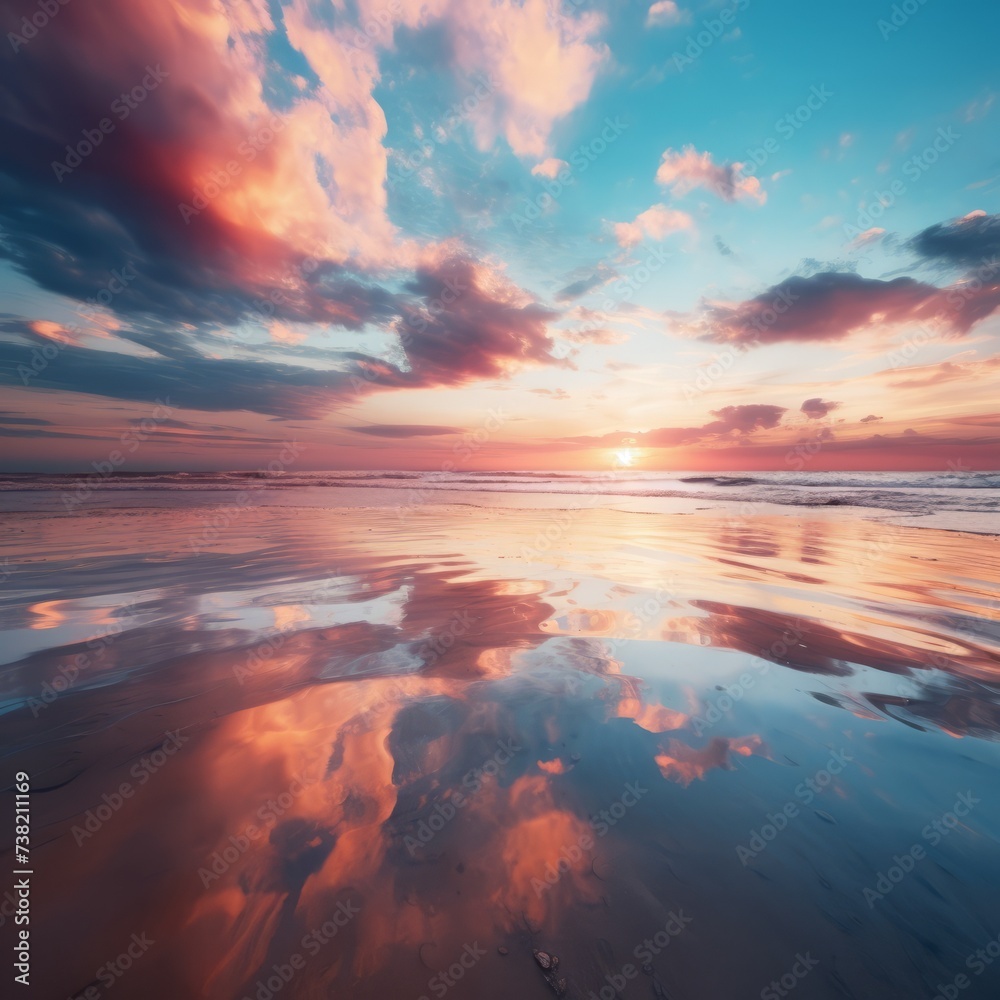 Vibrant sunset over calm ocean with pink, blue, and orange hues painting the sky and shimmering on the wet sand