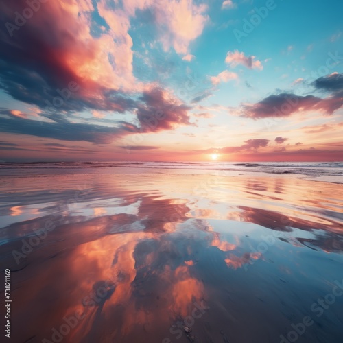 Vibrant sunset over calm ocean with pink, blue, and orange hues painting the sky and shimmering on the wet sand © Adobe Contributor