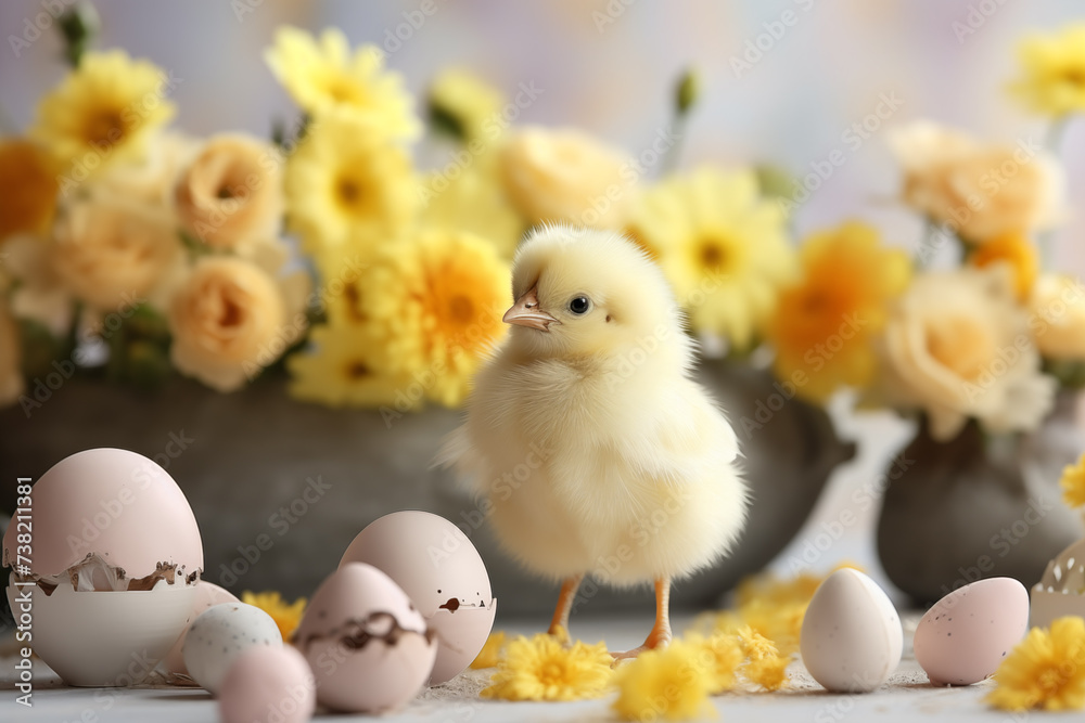 Spring flowers background. Happy Easter backdrop with chicken..Spring flowers background. Happy Easter backdrop with chicken.