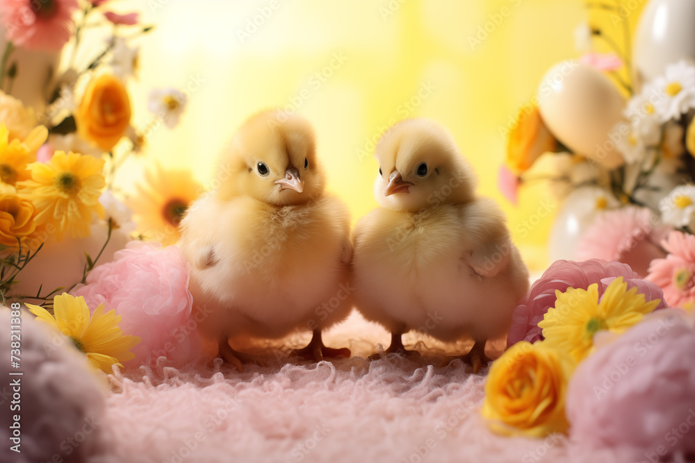 Spring flowers background. Happy Easter backdrop with chicken..Spring flowers background. Happy Easter backdrop with chicken.
