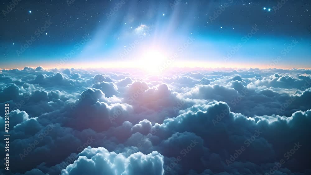 Flying Over the Infinite Clouds with the Night Moon Shining Seamless. Looped 3d Animation with Moonlight Over the Horizon. 4k Ultra Beautiful Moon in the Skies. Beauty
