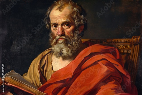 Aristotle: greek philosopher, polymath of classical period, ancient greece's profound thinker and influential figure in fields spanning philosophy, science, ethics, politics photo