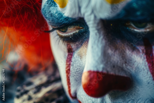 Upset clown in depression. Person with painted face staring into the void